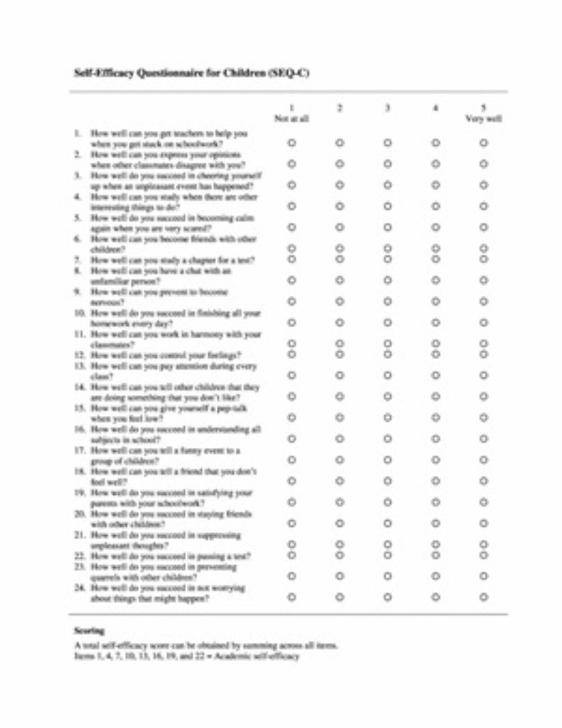 Self Efficacy Questionnaire For Children